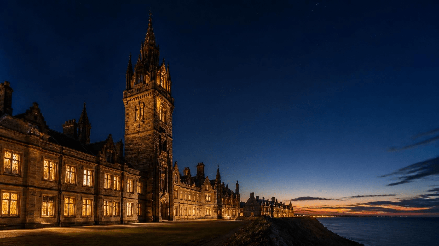 Clifftop university town at dusk