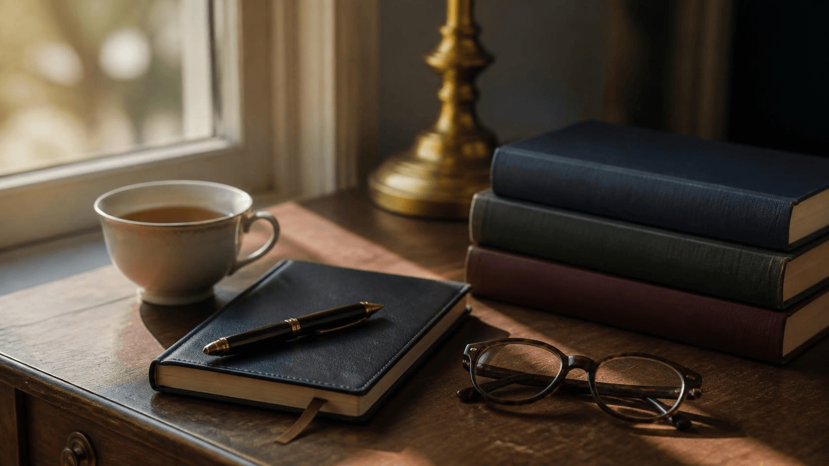 A notebook and fountain pen beside books and tea